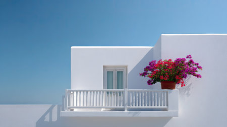Minimalist white building with a single flower-decked balcony and open window catching the breezeの素材