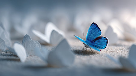 Minimalist shot of one vivid blue butterfly among a sea of white ones on a clean, neutral backgroundの素材