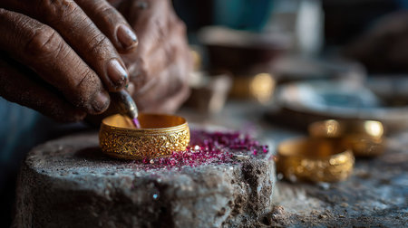 Jewellery artisan polishing a gold Indian bangle in a workshop, highlighting craftsmanship and heritageの素材