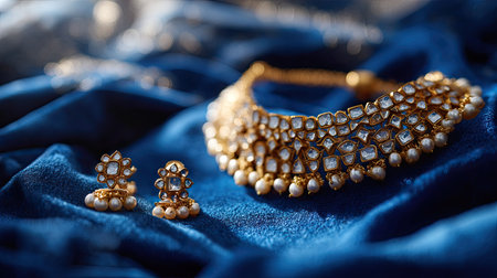 Heavy gold Kundan necklace and earrings resting on royal blue velvet with warm spotlight, regal and luxurious feelの素材