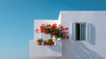 Minimalist white building with a single flower-decked balcony and open window catching the breezeの素材