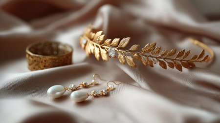 Golden laurel headband paired with pearl earrings and antique accessories on a soft satin backdropの素材