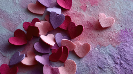 DIY paper hearts in multiple shades of pink scattered on a textured watercolor background, warm and creative feelの素材