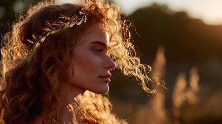 Model with flowing curls wearing a golden laurel headband, shot in golden hour light for a radiant and warm effectの素材