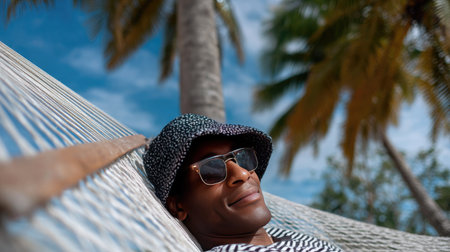 Man relaxing in a hammock wearing a bucket hat and sunglasses under palm treesの素材