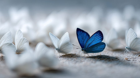 Minimalist shot of one vivid blue butterfly among a sea of white ones on a clean, neutral backgroundの素材