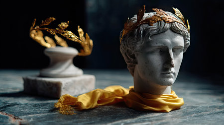 Headband displayed next to a bust of a Roman emperor, evoking strength, history, and legacyの素材