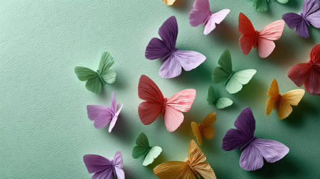 Flat lay of colorful paper butterflies scattered across a mint green background, ideal for spring or summer themed visualsの素材