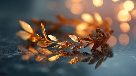 Golden laurel wreath on a mirror surface reflecting soft warm lighting, enhancing shine and dimensionの素材