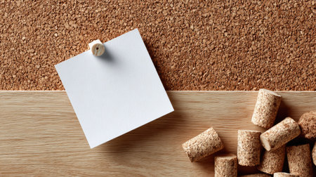 Minimal composition showing only one small blank paper centered on an empty cork boardの素材
