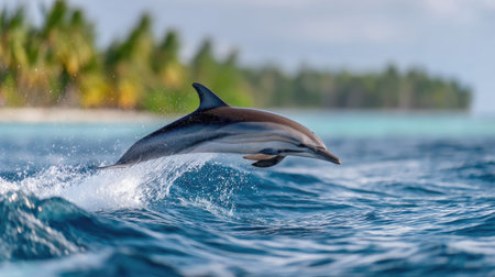 Marine mammal joyfully breaching from tropical waters, striped dolphin in pure natural motionの素材