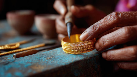 Jewellery artisan polishing a gold Indian bangle in a workshop, highlighting craftsmanship and heritageの素材