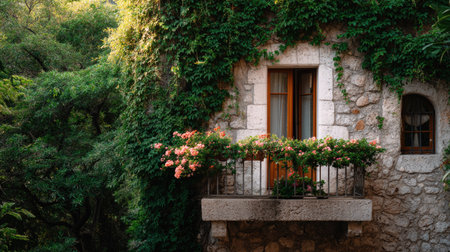 Ivy-covered wall with a cozy window and flower-filled balcony creating a picturesque countryside settingの素材