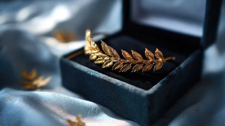 Golden laurel wreath headband resting inside a velvet jewelry box, elegant gift or ceremonial symbolの素材
