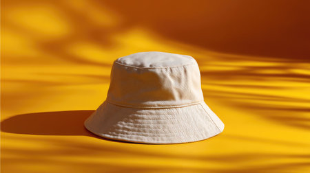 Minimalist product shot of a neutral-tone bucket hat against a vibrant yellow backdropの素材