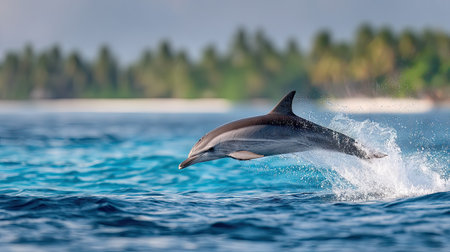 Marine mammal joyfully breaching from tropical waters, striped dolphin in pure natural motionの素材