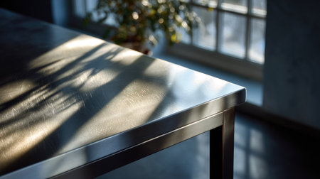 High-angle shot of an empty stainless steel kitchen island table with reflections and natural lightingの素材