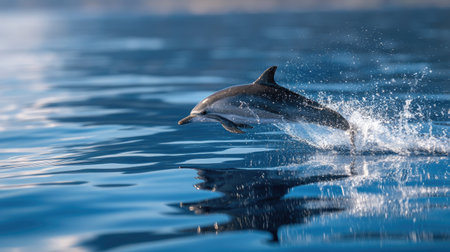 Dynamic leap from a striped dolphin above the blue water, frozen in mid-air with stunning clarityの素材