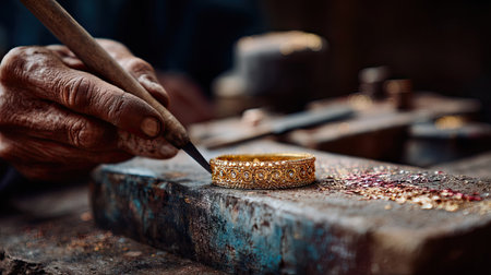 Jewellery artisan polishing a gold Indian bangle in a workshop, highlighting craftsmanship and heritageの素材