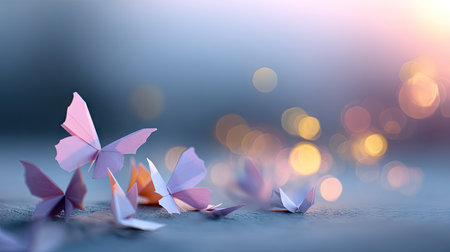 Dreamy concept with glowing light bokeh and paper butterflies in silhouette, soft pastel hues blending in backgroundの素材