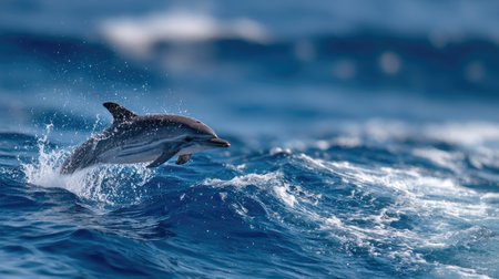 High-speed capture of a striped dolphin mid-jump above the deep blue ocean, full of motion and energyの素材