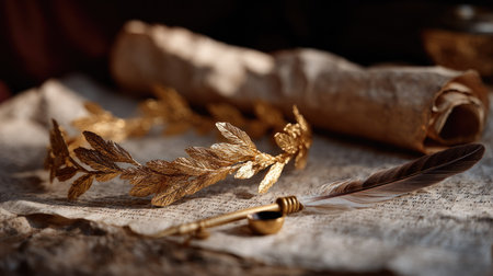Golden laurel headband lying atop an ancient scroll and quill set, evoking classical learning and powerの素材