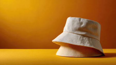 Minimalist product shot of a neutral-tone bucket hat against a vibrant yellow backdropの素材