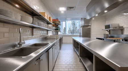 Long empty stainless steel table with sinks and shelves in a spotless restaurant kitchen, bright and modernの素材