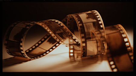 Rolled strip of mm negative film lying on a light table, showing faint image frames in sepia tonesの素材