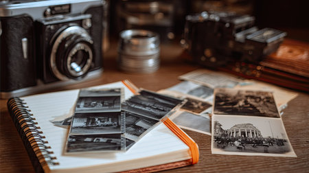 Stack of developed film negatives beside a notebook and vintage camera gearの素材