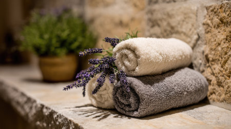 Rolled towels with fresh lavender placed on a stone counter in a wellness retreatの素材
