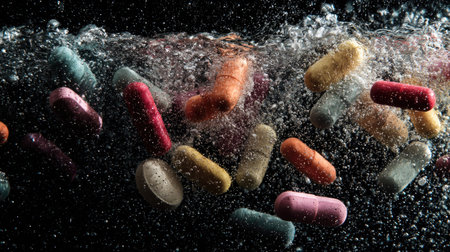 Pills of various shapes and colors suspended in a splash of water, captured in a dramatic mid-air freezeの素材