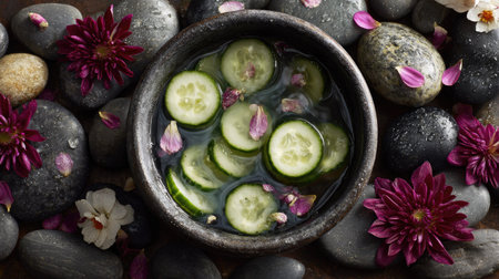 Spa aesthetic with cucumber slices floating in a bowl of water, surrounded by flower petals and smooth stonesの素材