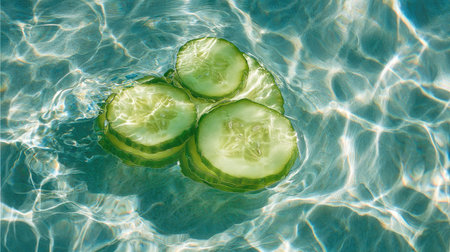 Sliced cucumbers floating in clear water with soft ripples, sunlight streaming through the surfaceの素材