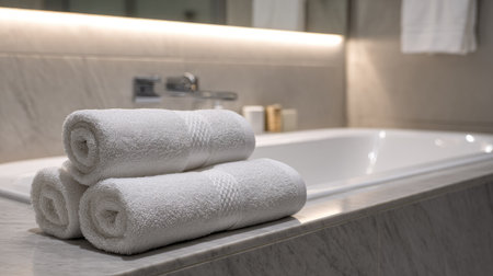 Rolled white towels beside a modern bathtub with soft lighting and a calm ambianceの素材