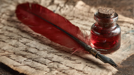 Red feather and clear ink bottle placed neatly on aged parchment, medieval-style script partially writtenの素材