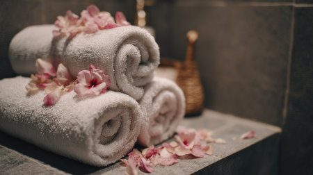Rolled towels with delicate flower petals sprinkled on top for a luxury spa touchの素材