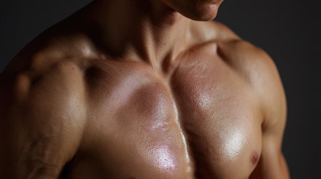 Side profile of a male torso with visible serratus and abs, subtle body oil reflecting light to enhance muscle toneの素材