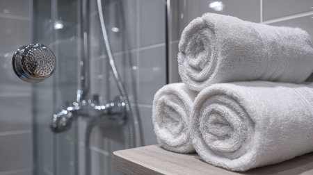 Pile of rolled white towels arranged beside a glass shower with chrome fixturesの素材