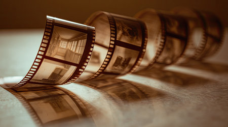 Rolled strip of mm negative film lying on a light table, showing faint image frames in sepia tonesの素材
