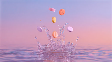 Shot of falling pills intersecting with upward splashing water on a gradient backgroundの素材