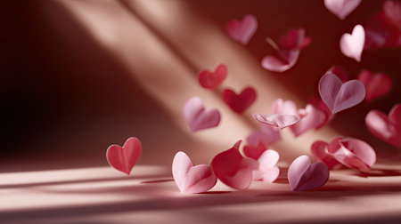 Floating D pink paper hearts casting soft shadows over a seamless paper backdrop, gentle and elegant lightingの素材