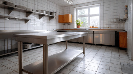 Empty kitchen prep area with stainless steel island table and tiled flooring, ready for cooking tasksの素材
