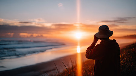 Guy in a bucket hat photographing the sunset on a quiet beach, lens flare surroundingの素材