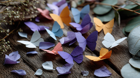 Flat lay of scattered colorful paper butterflies, petals, and leaves on a natural wood table surface, cozy and organicの素材