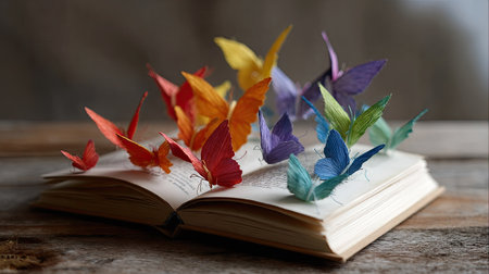 Handmade paper butterflies in bold rainbow colors emerging from an open book on a wooden surface, representing imaginationの素材