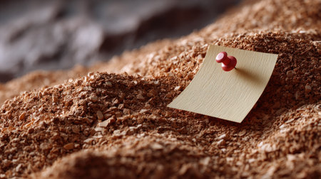 Detailed texture of cork board with slightly wrinkled pinned note, evoking tactile realismの素材