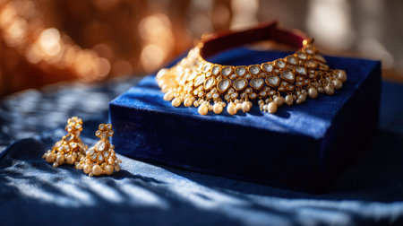 Heavy gold Kundan necklace and earrings resting on royal blue velvet with warm spotlight, regal and luxurious feelの素材