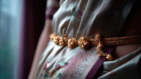 Traditional gold waist chain kamarband styled with a silk saree, emphasizing cultural richness and femininityの素材