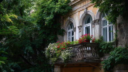 Timeless architecture with arched windows and a balcony overgrown with flowers and greeneryの素材